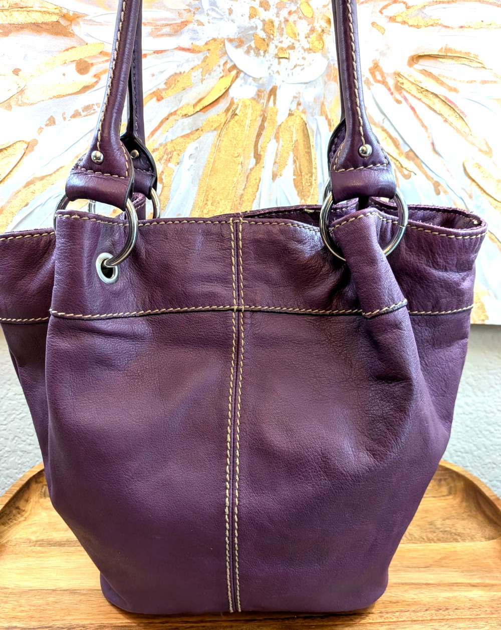 Tignanello Genuine Leather Purple Hobo Shoulder Bag Bucket Tote Silver Hardware